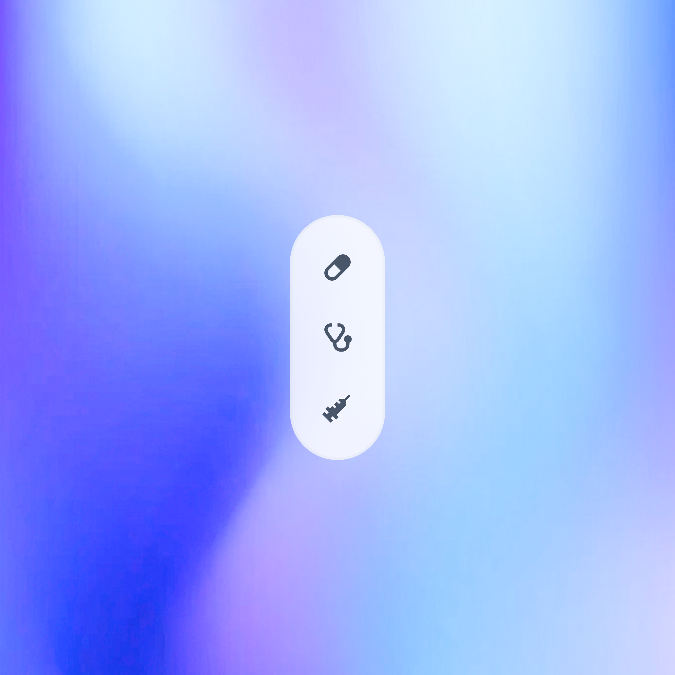 Boutons verticaux avec icônes médicale de pilule, stéthoscope et seringue sur un fond dégradé bleu et violet.