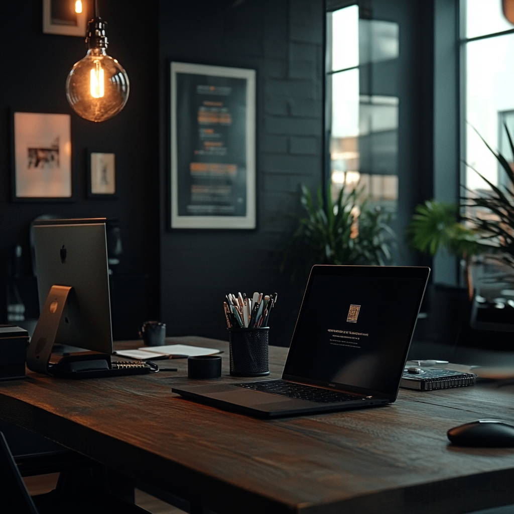 a wooden desk lit by a single Edison bulb holds an open laptop, a desktop iMac, and a cup of pens, with dark walls, framed posters, and leafy plants in the background