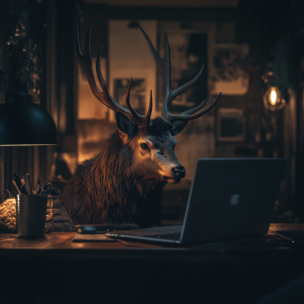 stag with branching antlers positioned at a warm, lamplit desk, looking toward an open laptop in a cozy study