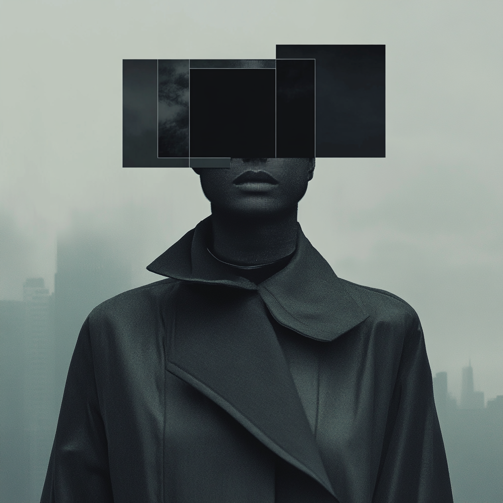 Mysterious figure in a dark, structured coat standing against a foggy cityscape, with their face obscured by overlapping black rectangles arranged in a grid-like pattern.