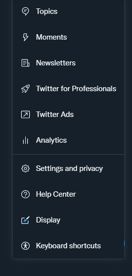 Screenshot of Twitter "More" side menu on desktop