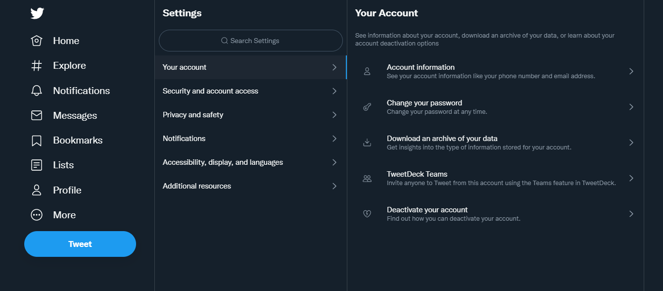 Screenshot of Twitter settings on desktop