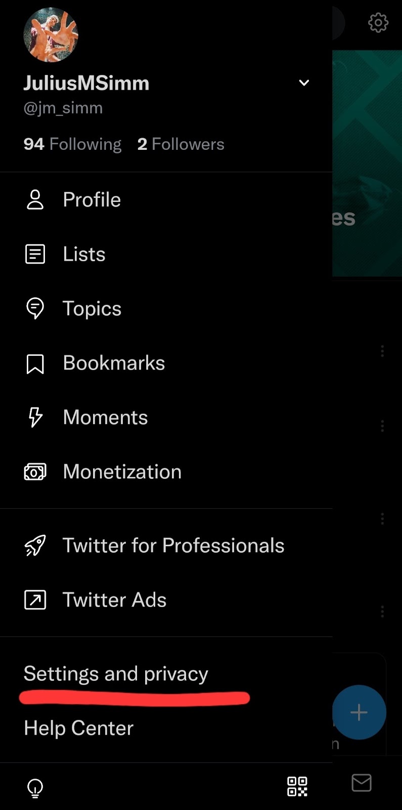 Captura de pantalla del menú lateral de la aplicación Twitter en Android