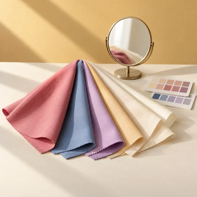 Personal color analysis with fabric swatches and mirror