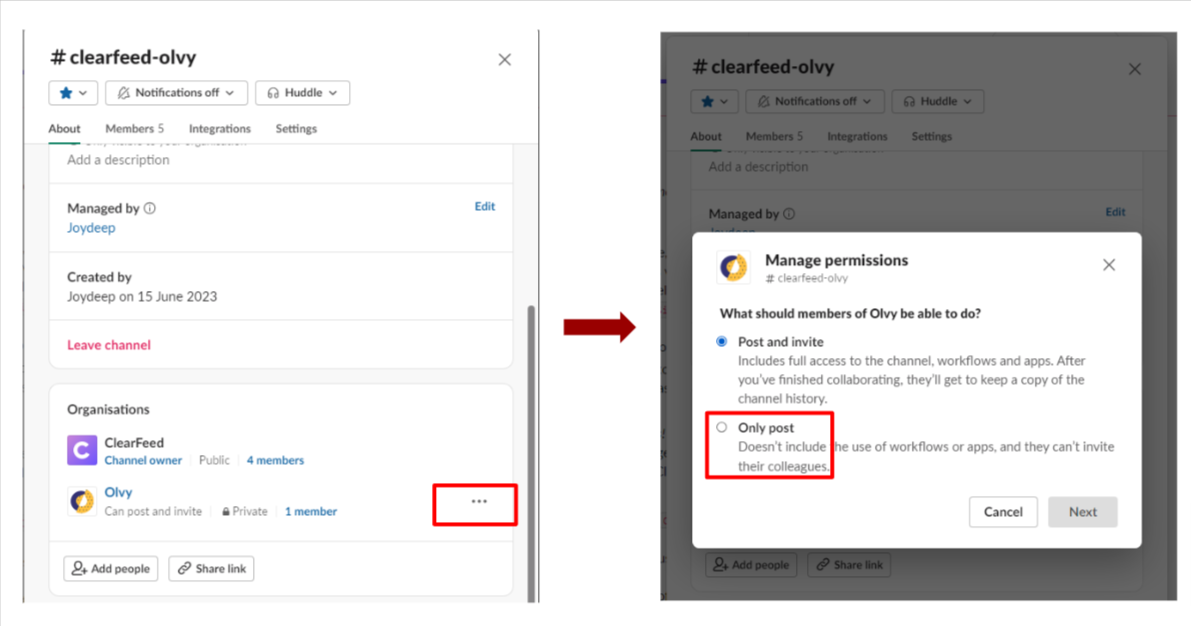 Changing permissions of external organizations in a Slack Connect channel