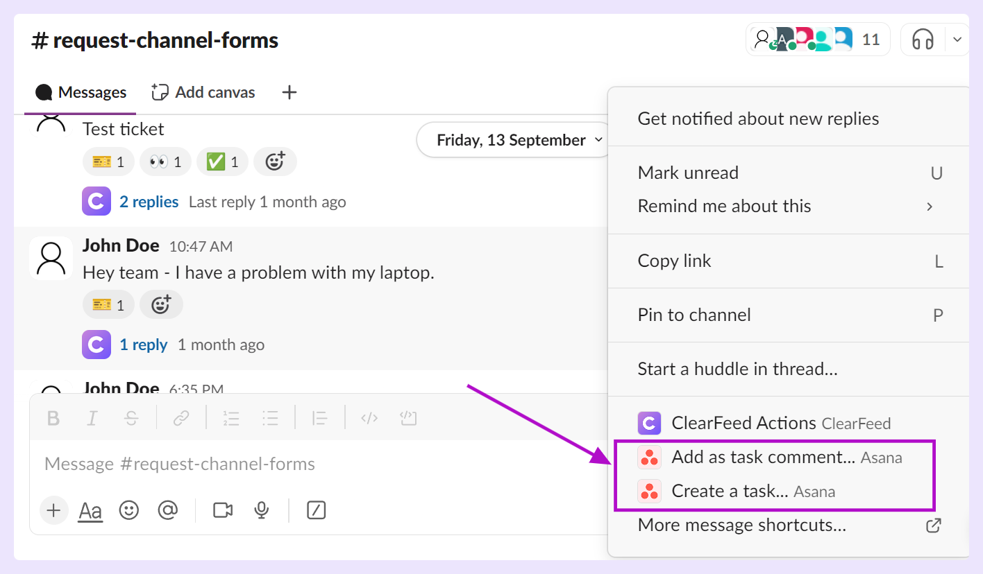 Select the conversation in Slack, click the "more messages" button, and choose either “Create a task” or “Add to task.”