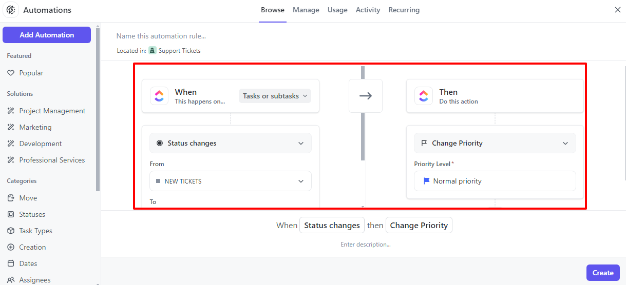 To add new automation rules, Open your project space and click on Automations from the status bar.