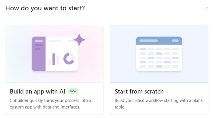 1. From your Airtable dashboard, click the "+ Create" button and choose "Start from scratch" or use a support-related template.