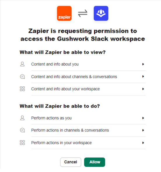 Authorize Zapier to access your Slack account by logging in and granting permissions