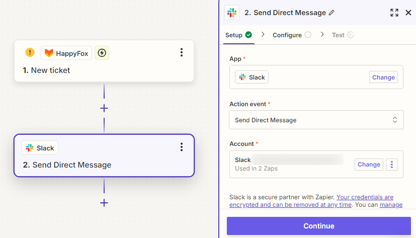 In the "Action" section, search for and select Slack app