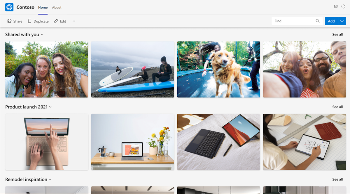 Screenshot of the Contoso home page, showcasing the company branding and main navigation links.