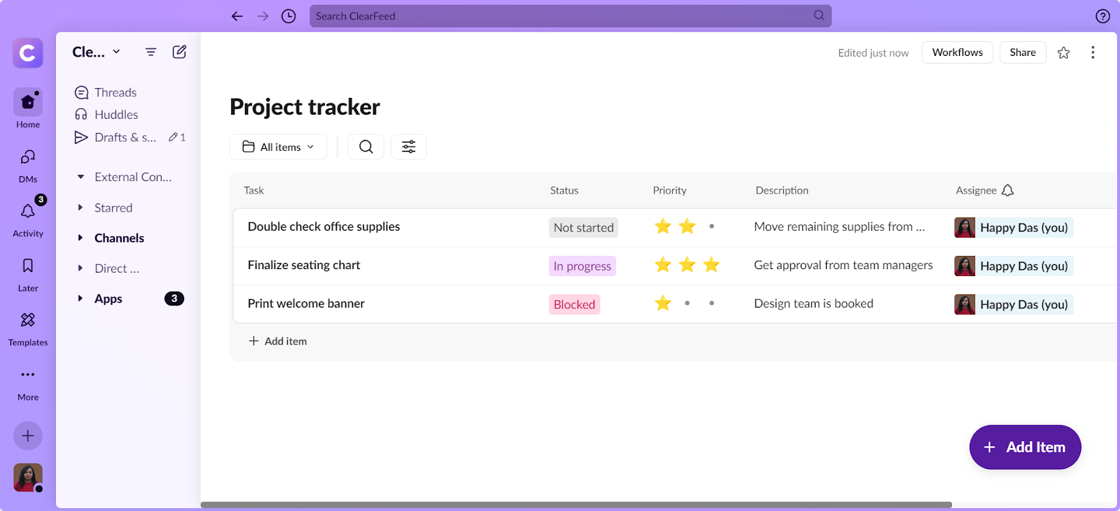 Screenshot of a Slack project tracker showing tasks, deadlines, and team updates.