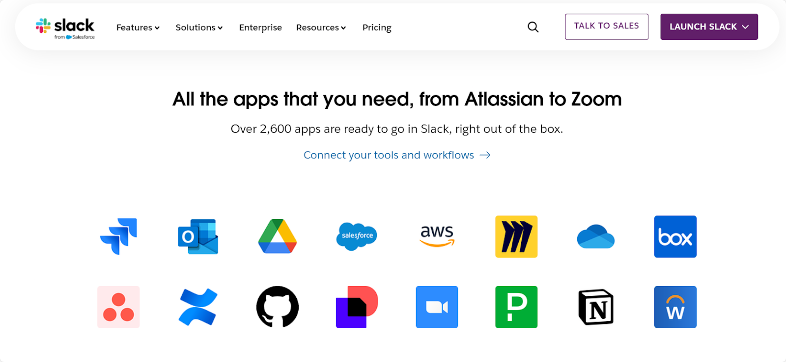 Screenshot of available integration apps in Slack, featuring tools like Google Drive, Trello, and more.