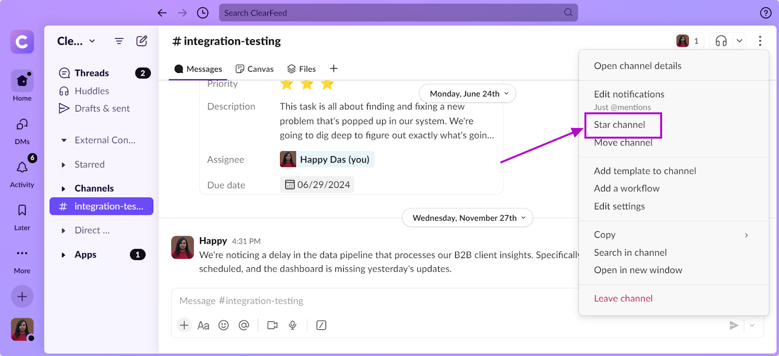 Screenshot of the option to star a Slack channel for quick access and prioritization.