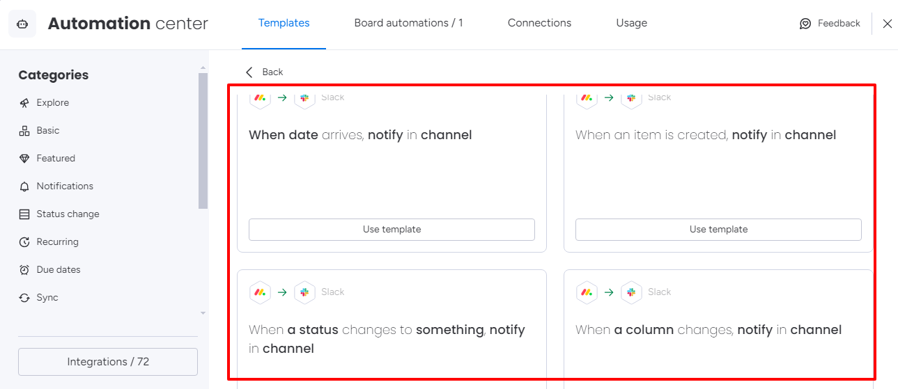 Open the Automation Center by clicking on the "Integrate" button (at the top of your board) and selecting Slack
