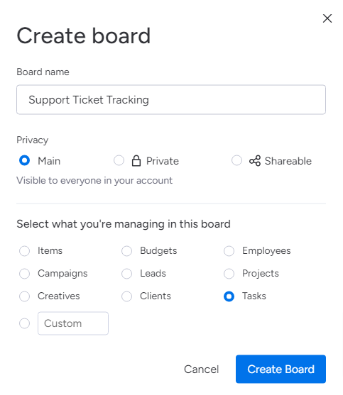 The first step is to create a dedicated board for tracking support tickets. From your monday.com dashboard, Click the “ ➕” icon and select Board.