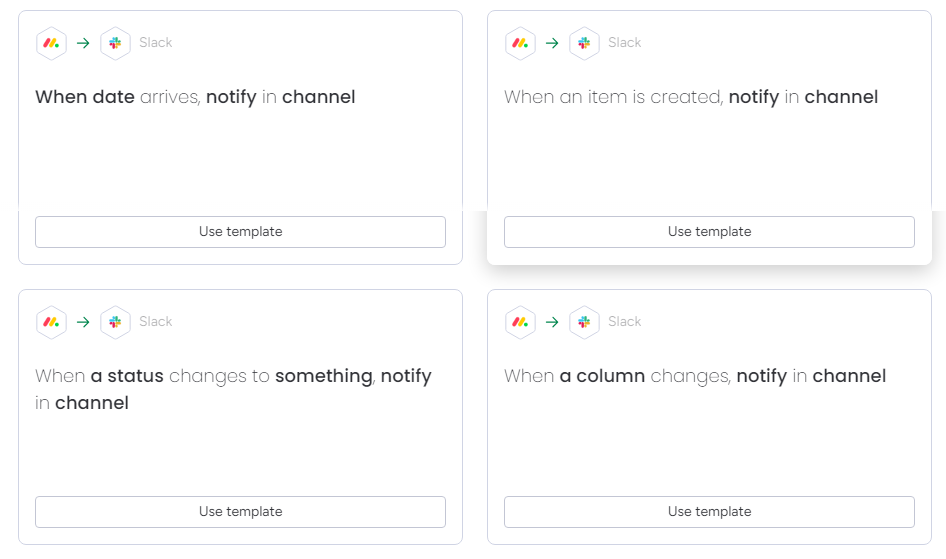 From this list, select "Slack." You’ll see a variety of pre-built options called recipes. Recipes are essentially automation rules that define what actions in monday.com trigger notifications in Slack.