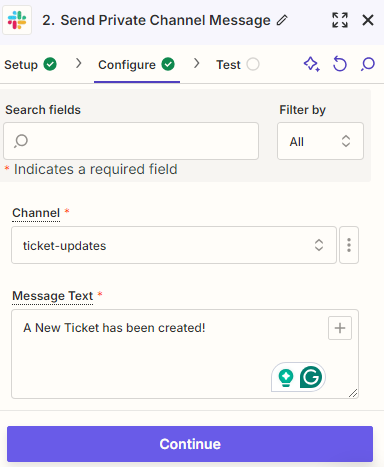 Click on Allow to finish the setup. On the next screen, select the Slack channel and customize the message you want to receive.