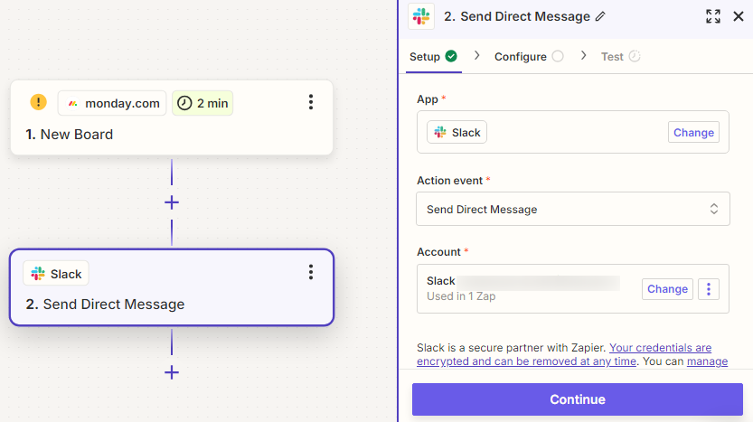 Once the trigger is defined, choose an action in Slack.Â