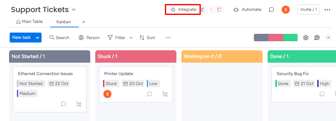 From your Monday dashboard, go to the board where you want to set up the connection.Â
