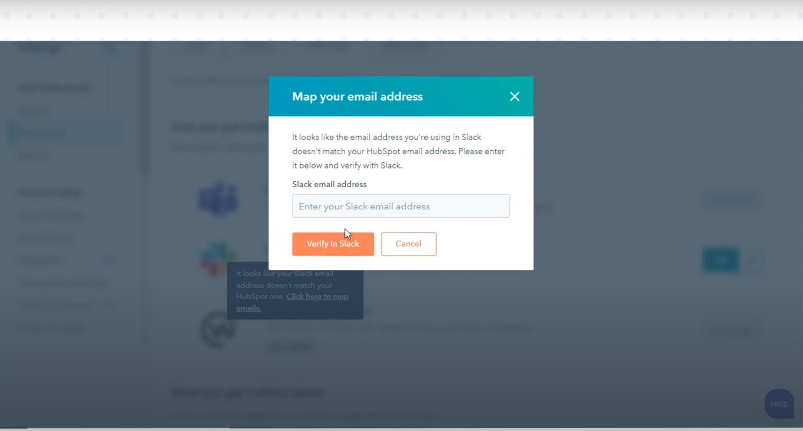 Click on the warning icon next to the Slack icon. Verify your Slack email.