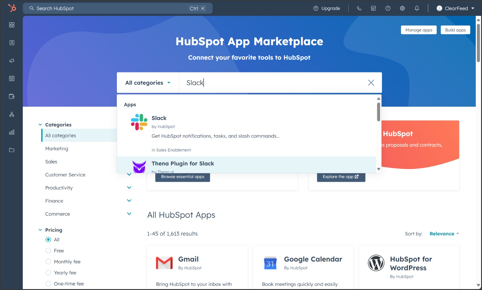 Sign in to your HubSpot account. Go to the App Marketplace icon in your main navigation bar, search for the Slack integration, and click on it.