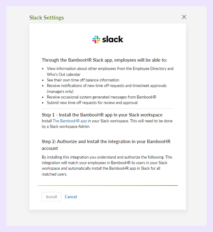 Look for the Slack icon, and click on it. Click the "Install" button.