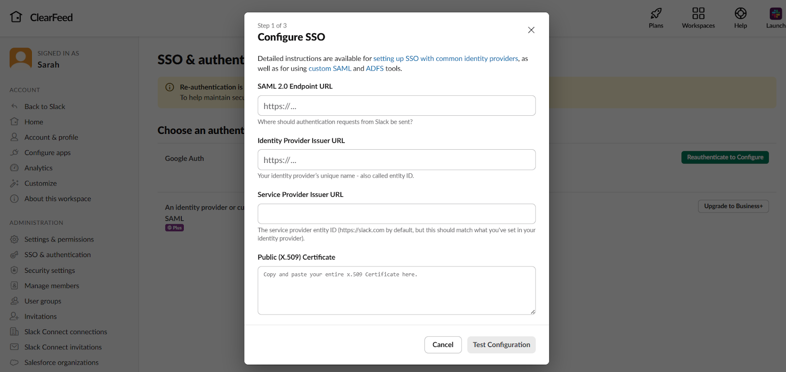 Step 2: Configure SAML (SSO) in Slack