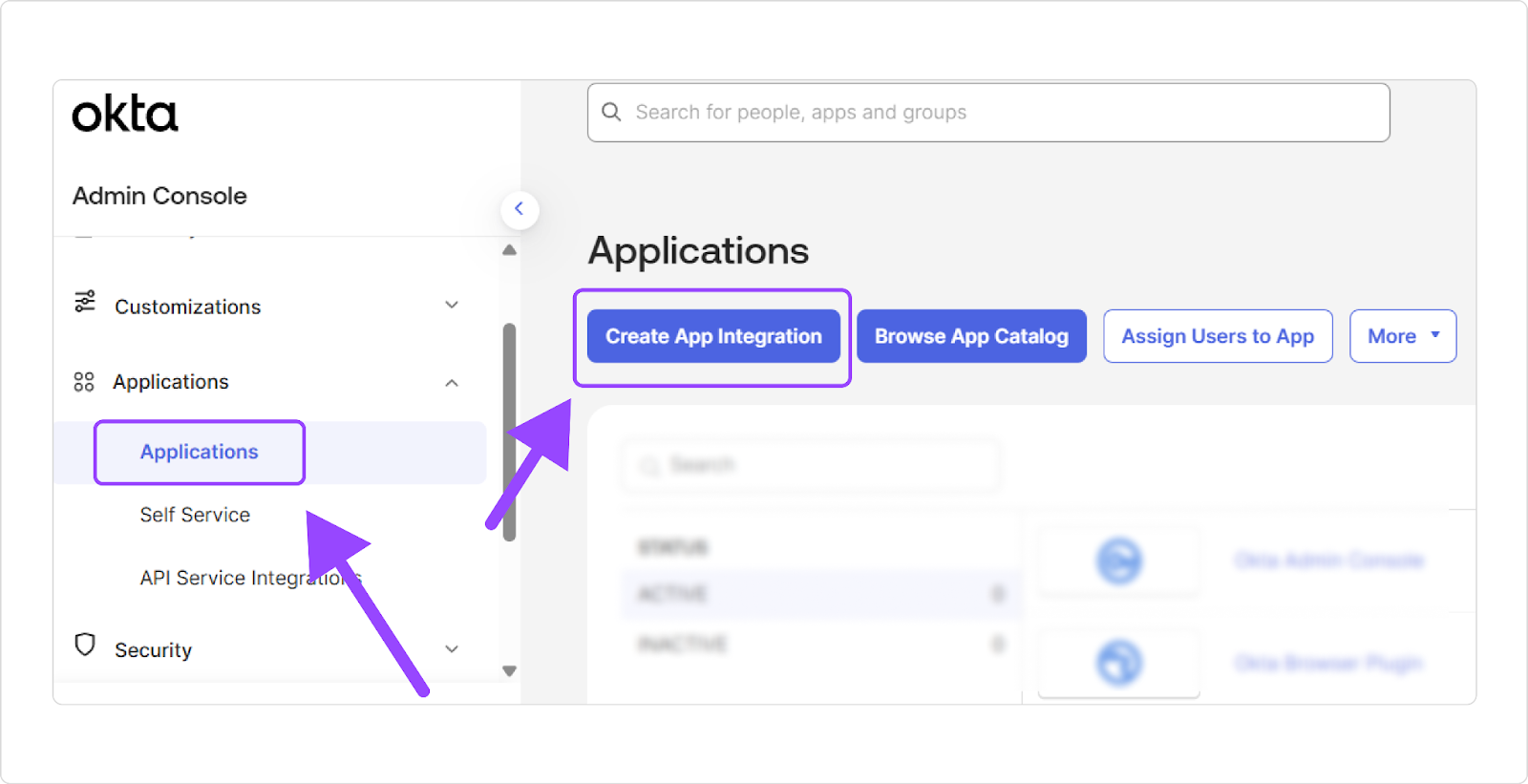 In your Okta Admin Console, navigate to Applications, then click Create App Integration.Â