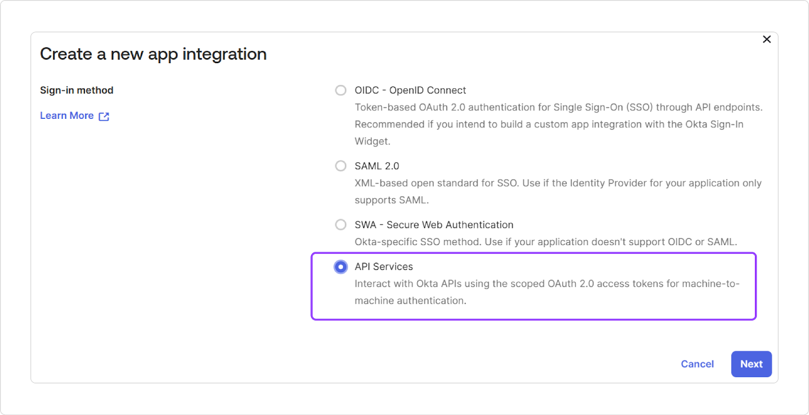 Select API Services as the sign-in method, as we require machine-to-machine access (without end-user sign-in).Â