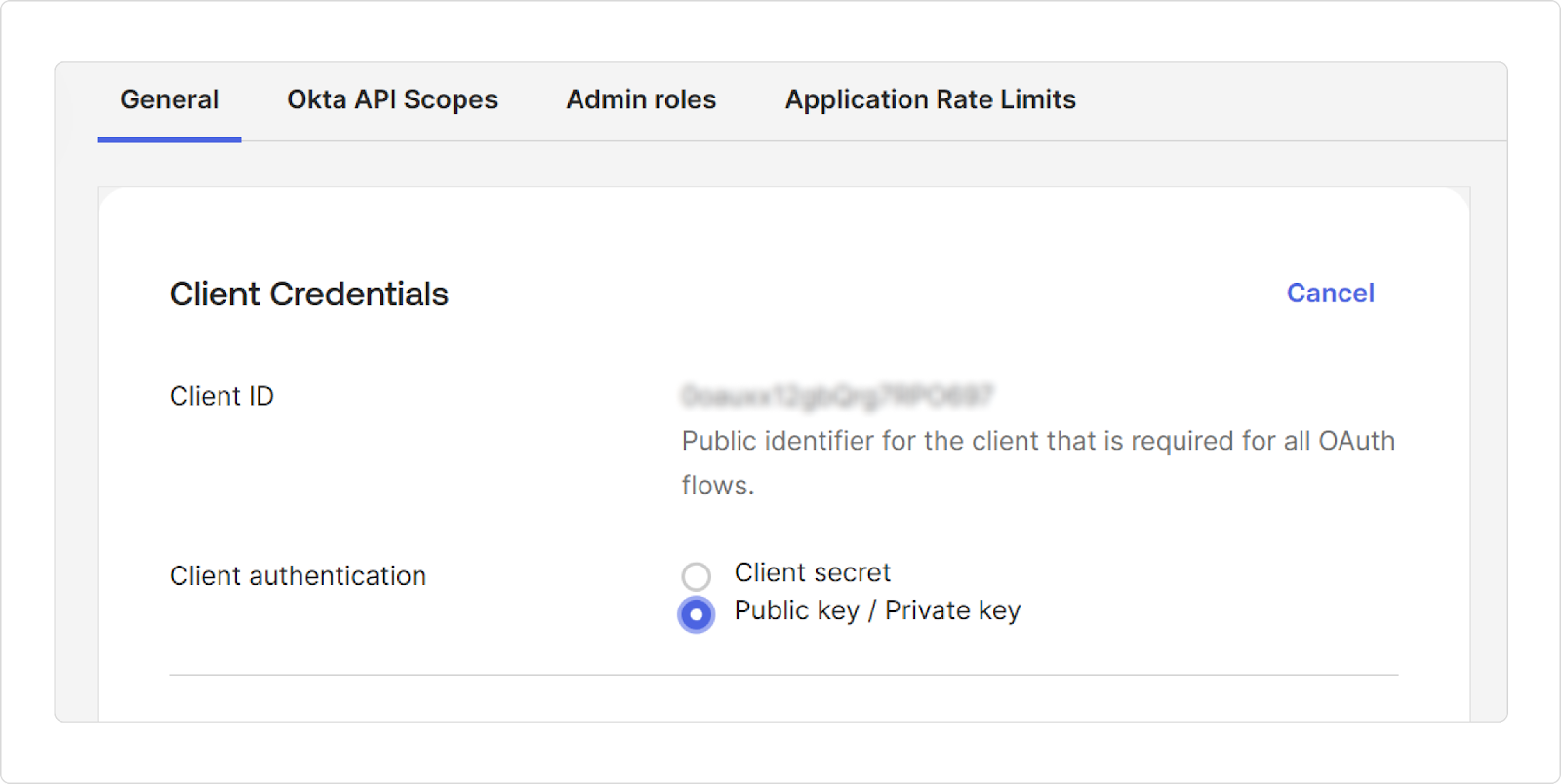 Scroll up and in the Client Credentials section, click Edit and change the Client authentication status to Public Key/Private Key.