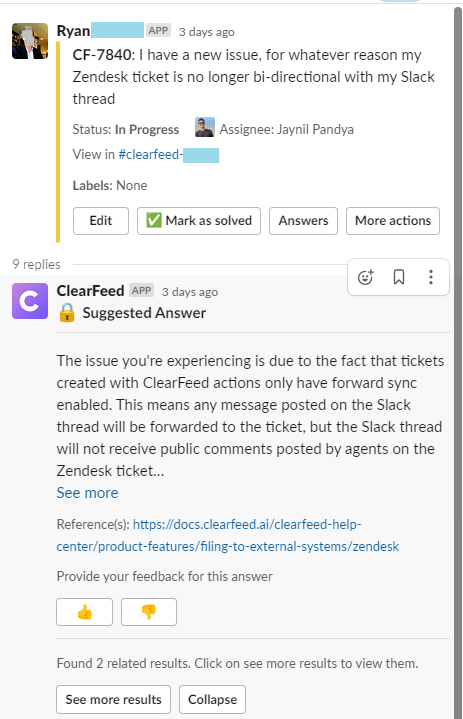 AI generated suggested answer in Slack from existing Knowledge-Bases using ClearFeed