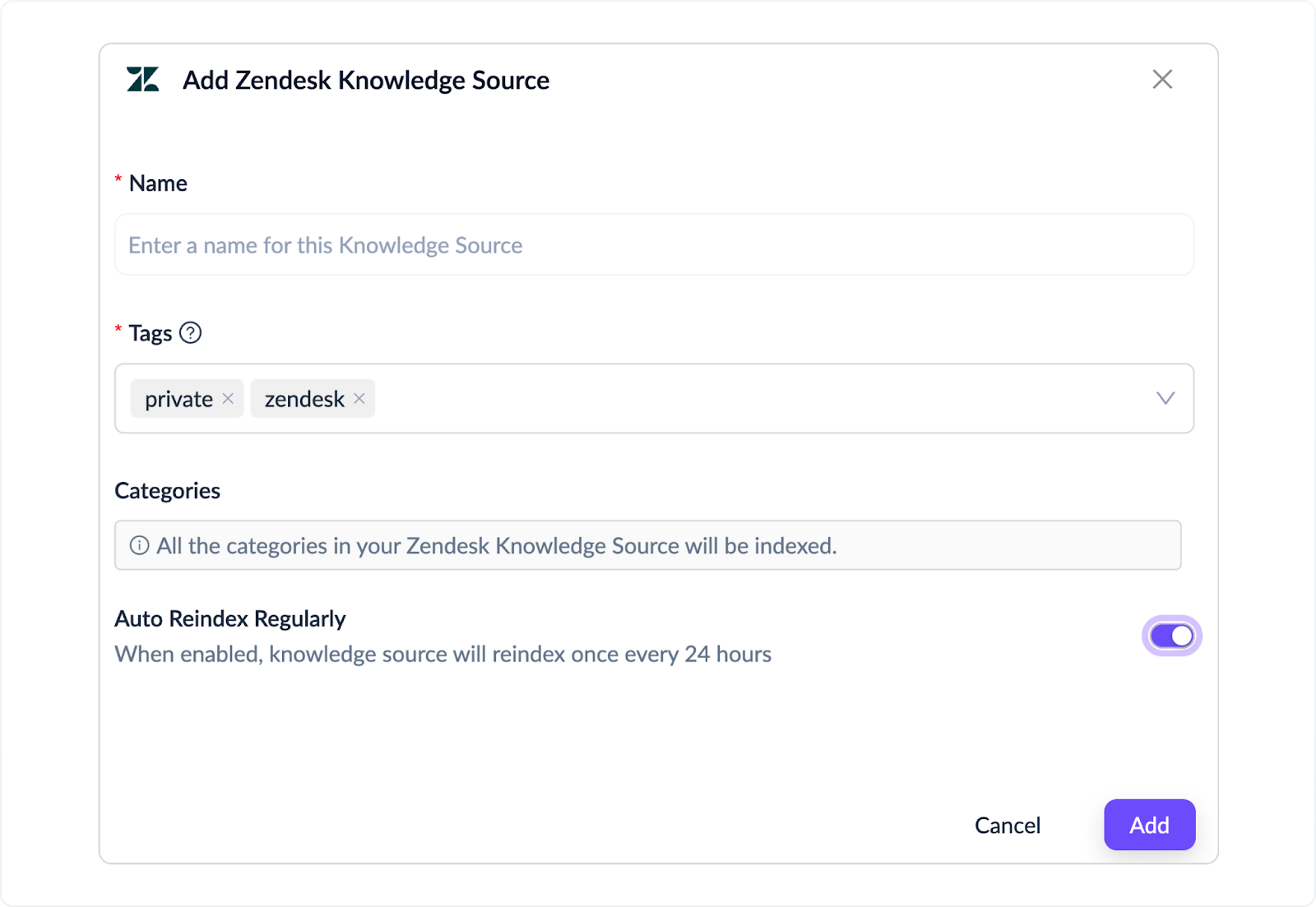 Fill the drawer: Name and Tags (Zendesk is added by default). All the categories from your Zendesk knowledge source will be indexed.