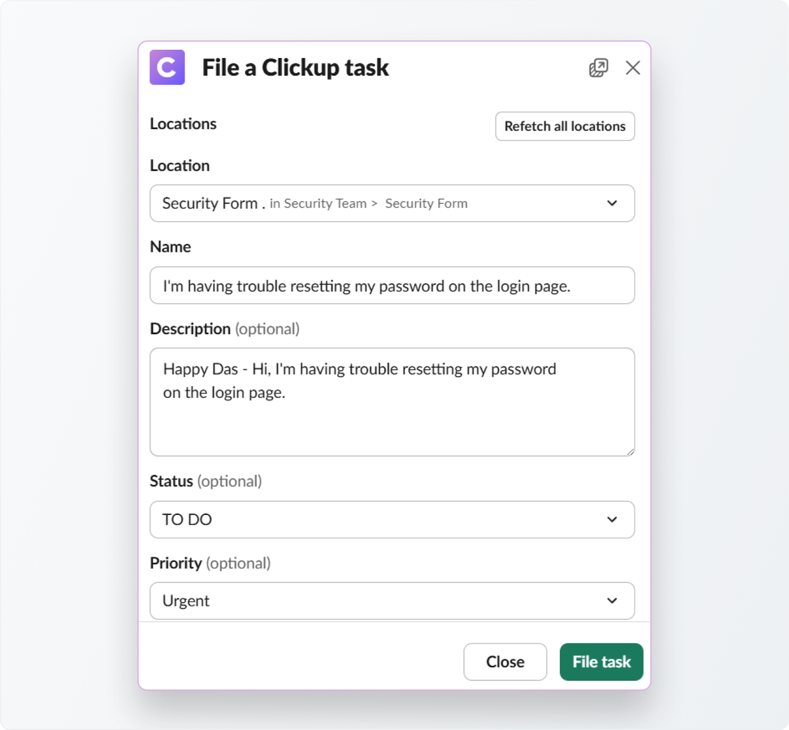 Choose which messages from the thread to include and click Next. Fill out the task details (such as assignee, priority, or due date).