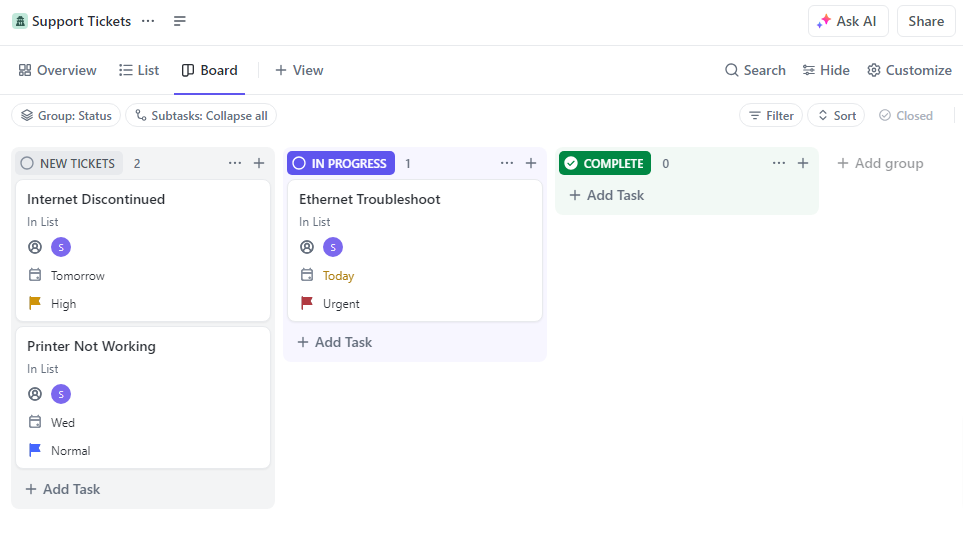 Click on “+Add Task” and fill in the ticket details( task name, assignee, due date, priority, and more).