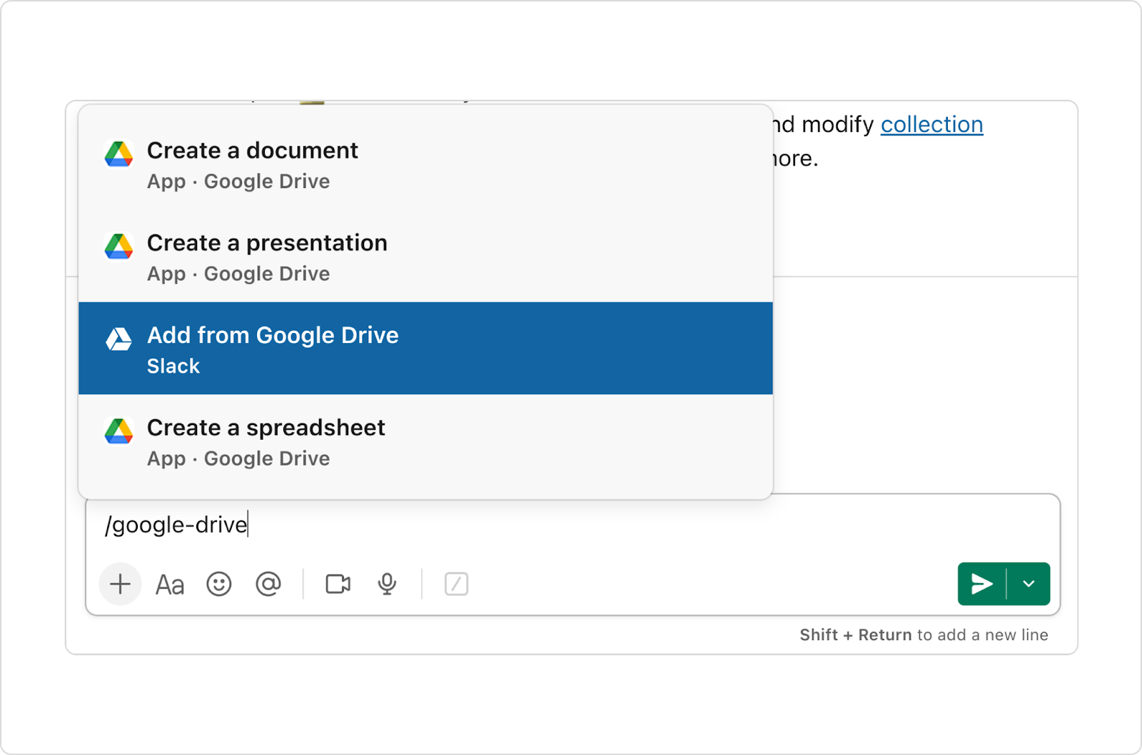 Type /google-drive and select Add from Google Drive.