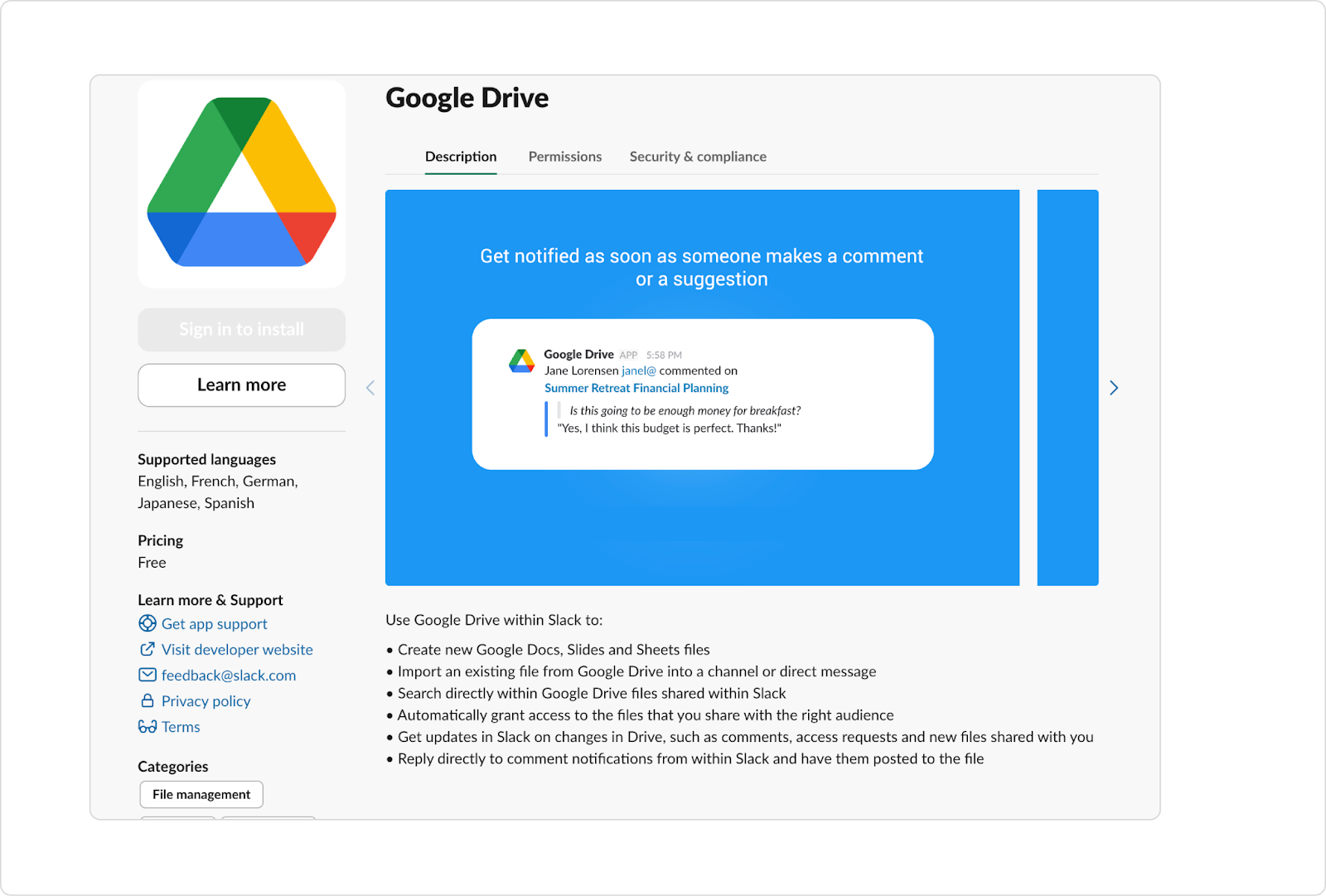 Go to the Slack App Directory and search for Google Drive.