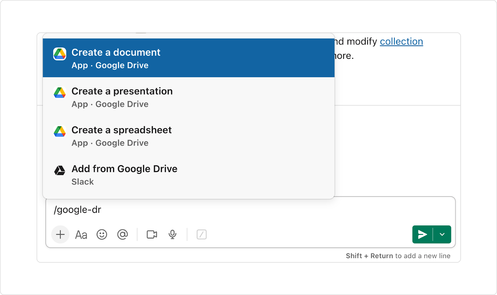 Type /google-drive and select Create a document.