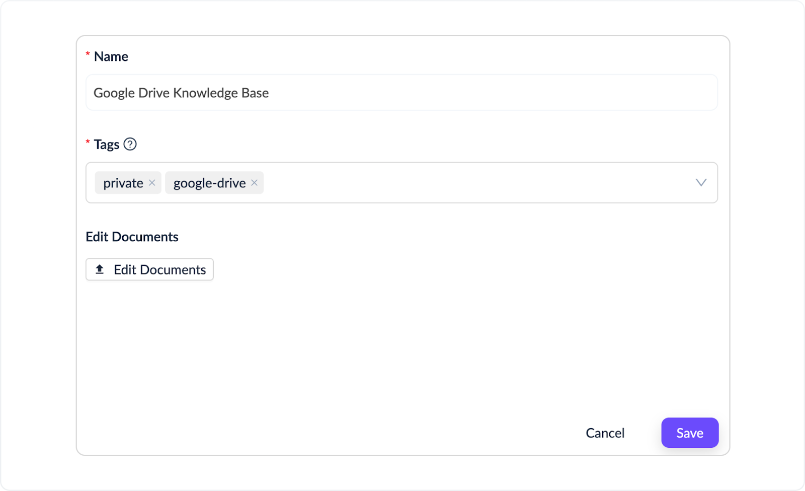 Name and Tags (Google Drive is added by default). Select the files and documents from the connected Google Drive workspace to be indexed and used for knowledge sharing.