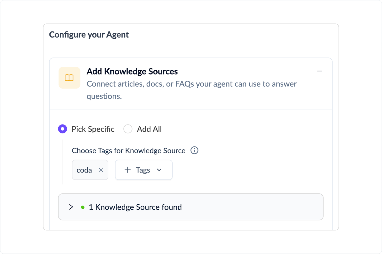 Interface showing options to add knowledge sources, with “Pick Specific” (using tags) and “Add All” buttons.