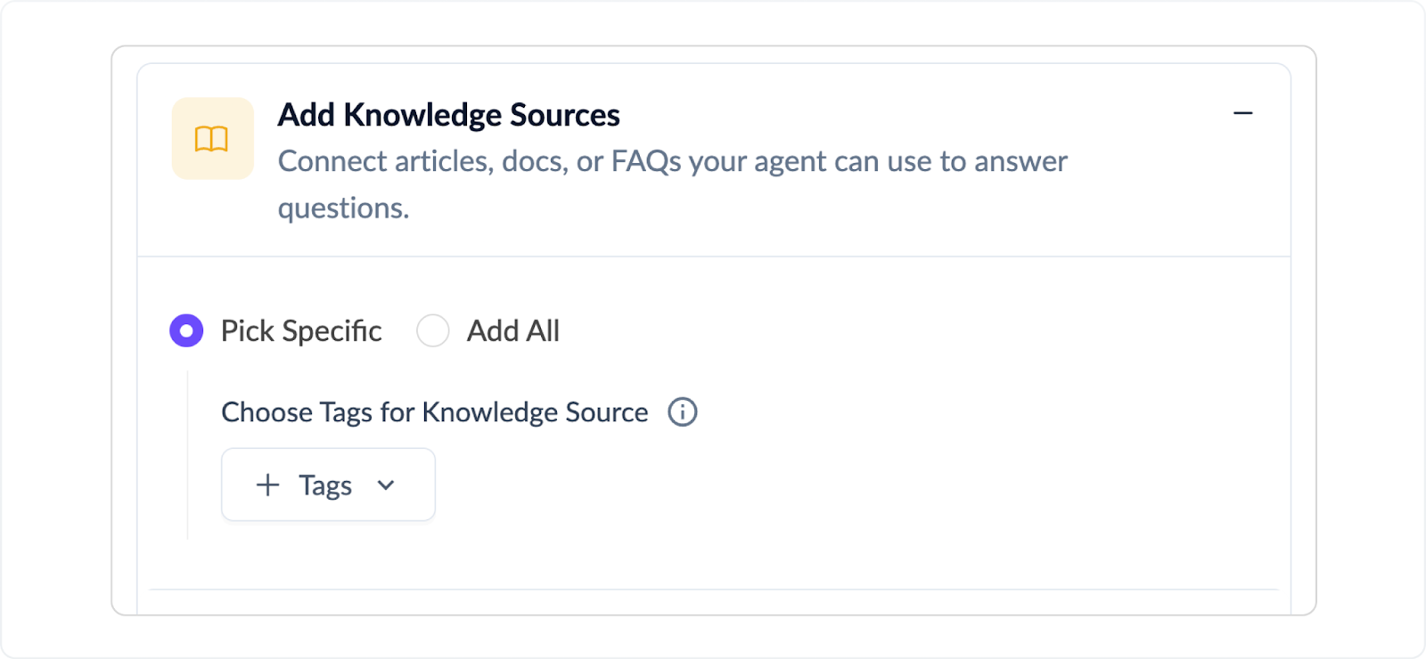 Interface showing options to add knowledge sources, with “Pick Specific” (using tags) and “Add All” buttons.