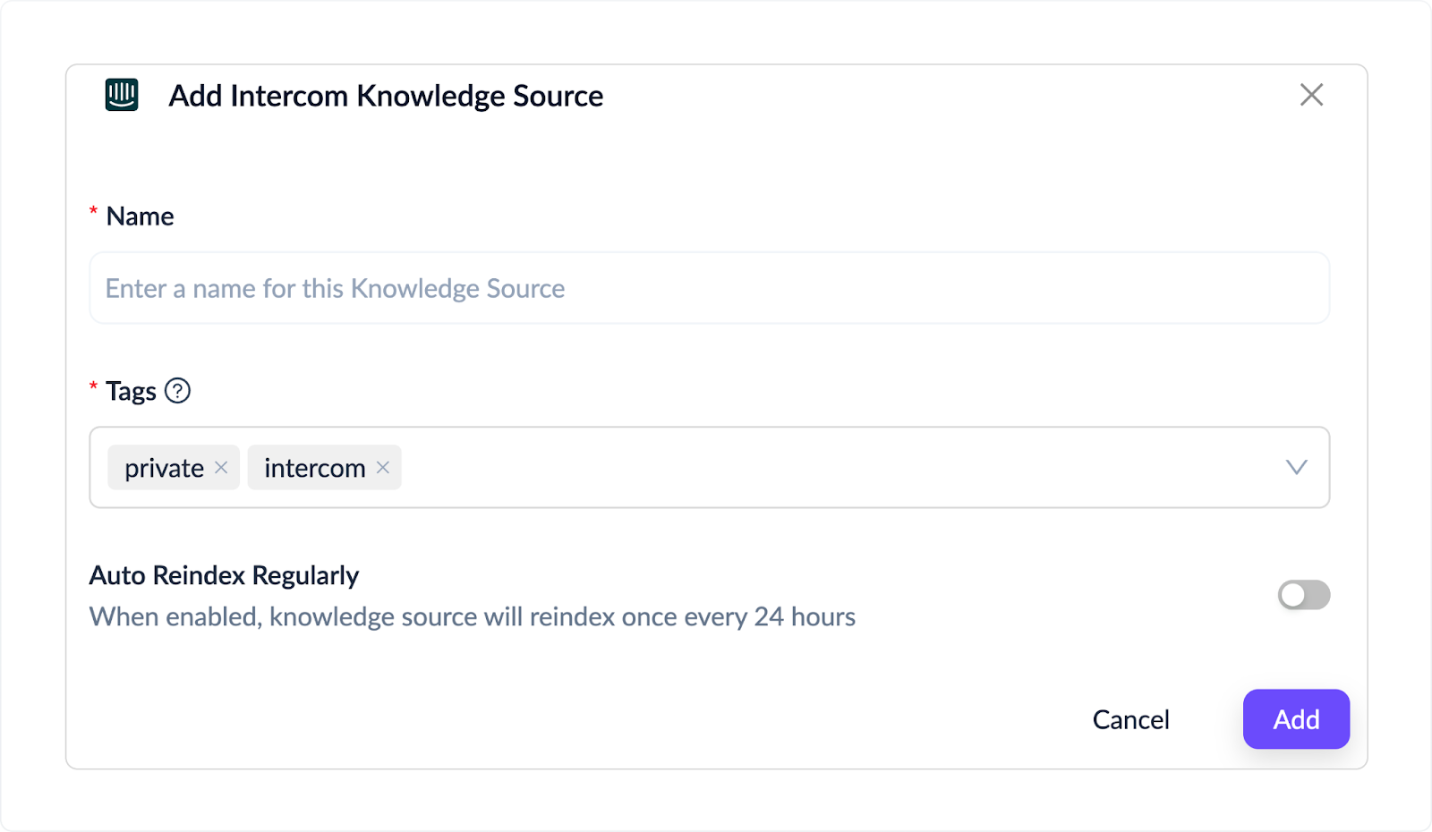Drawer interface showing fields to enter Name and Tags, with Intercom selected as the default source and categories ready for indexing.