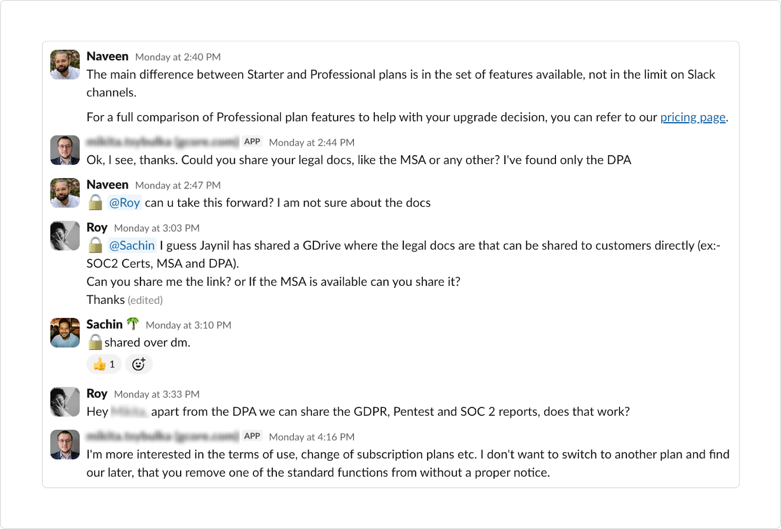 Using the đź”’ lock emoji to post a private internal comment in a Slack triage thread, ensuring the message stays within Slack and is not visible to the website visitor.