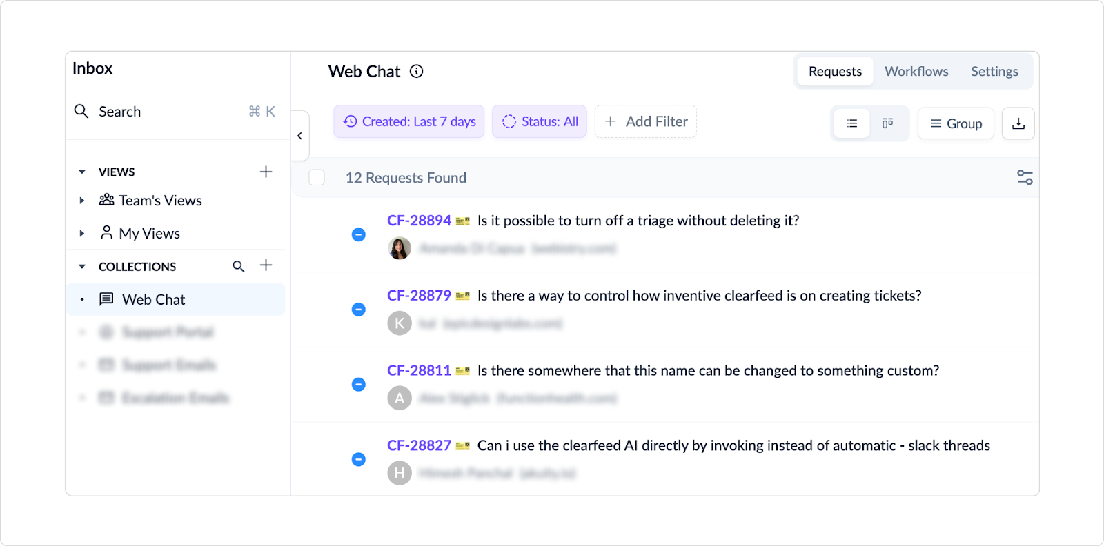 ClearFeed Inbox view displaying the automatically created Web Chat collection after embedding the widget on a website.