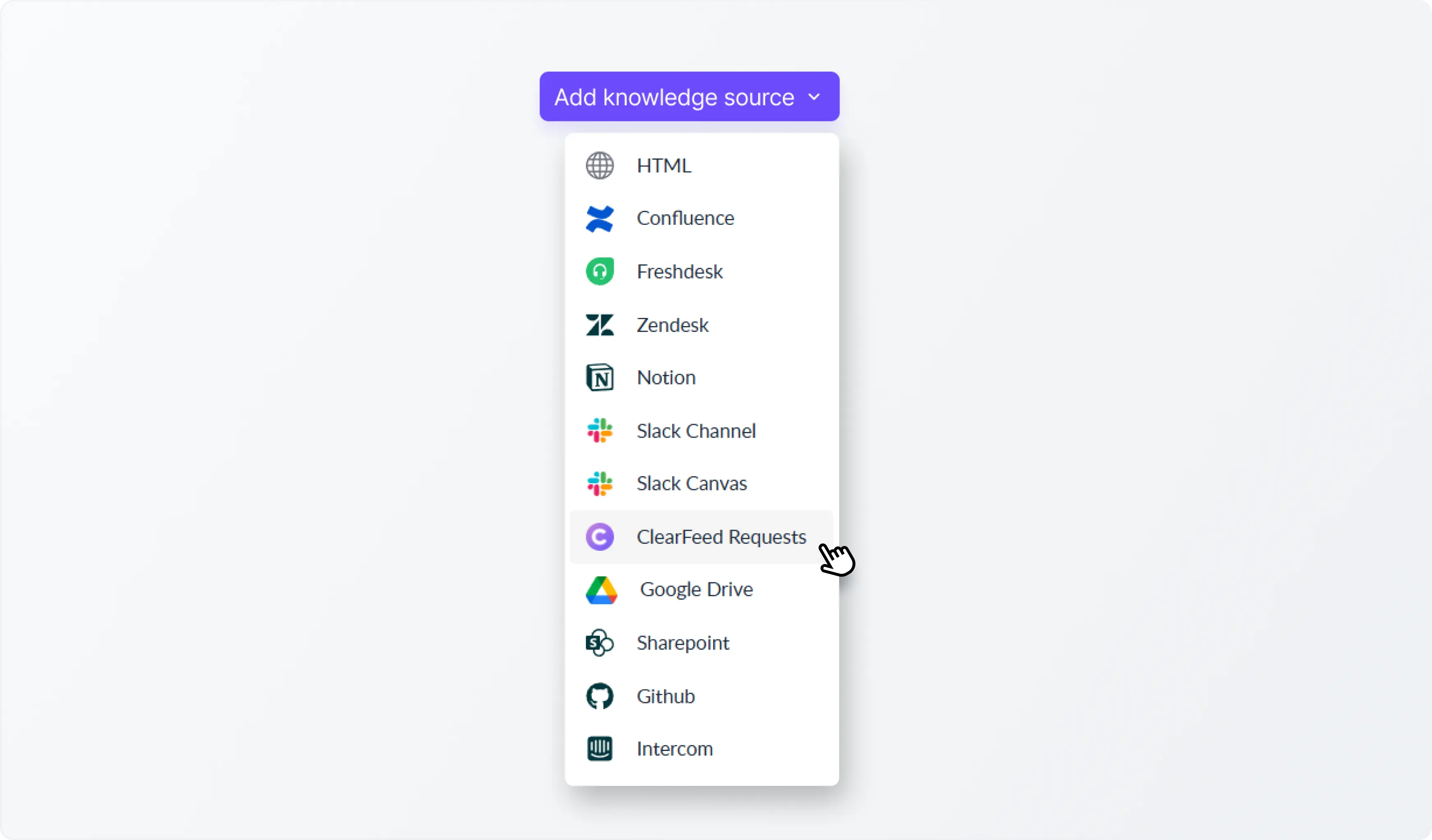 Add a Knowledge Source: Click “Add Knowledge Source” → “ClearFeed Requests” (or “ClearFeed Tickets” for internal helpdesks).