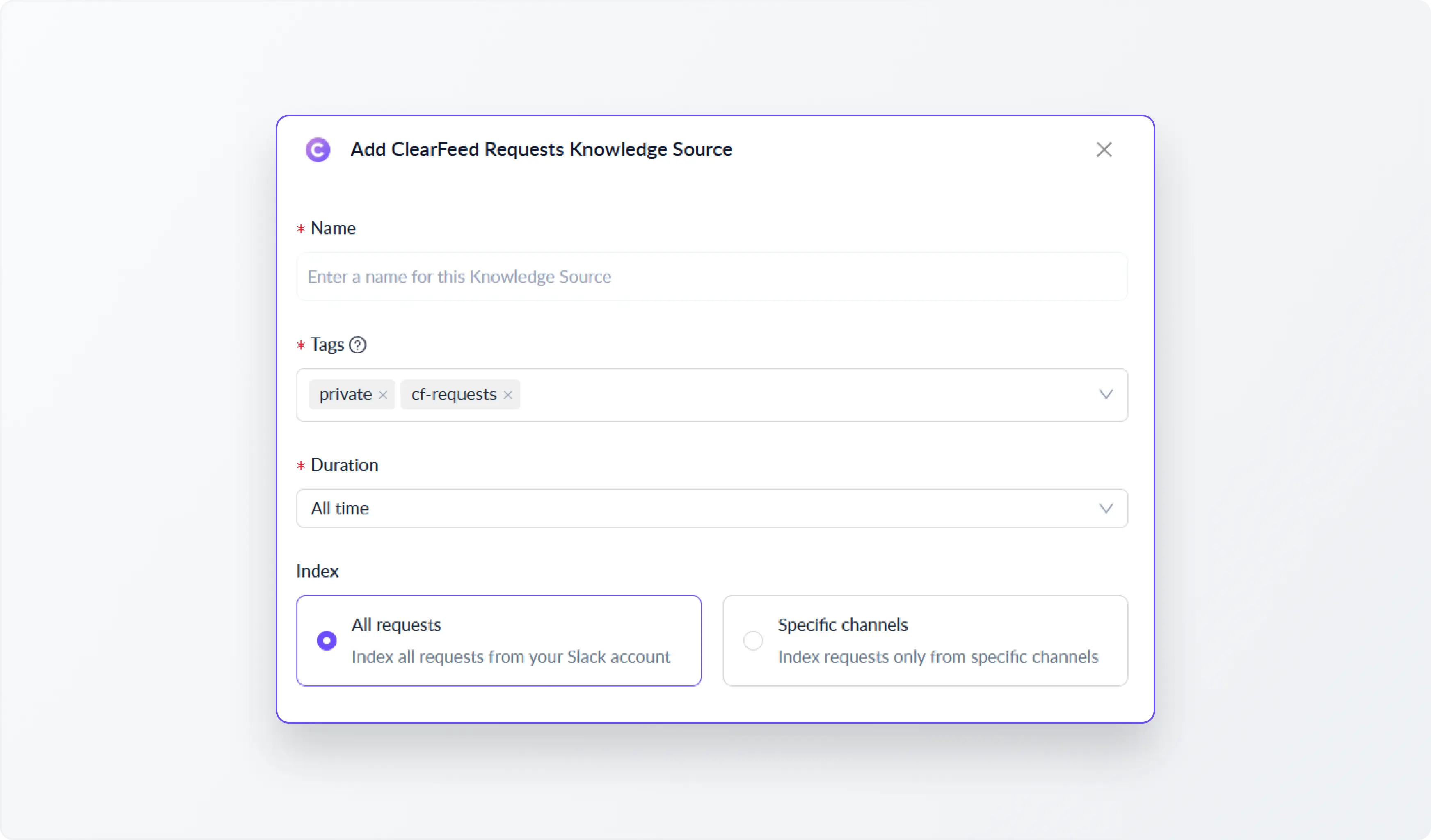 Modal interface showing fields to enter Name, Tags and Duration, with Intercom selected as the default source and categories ready for indexing.