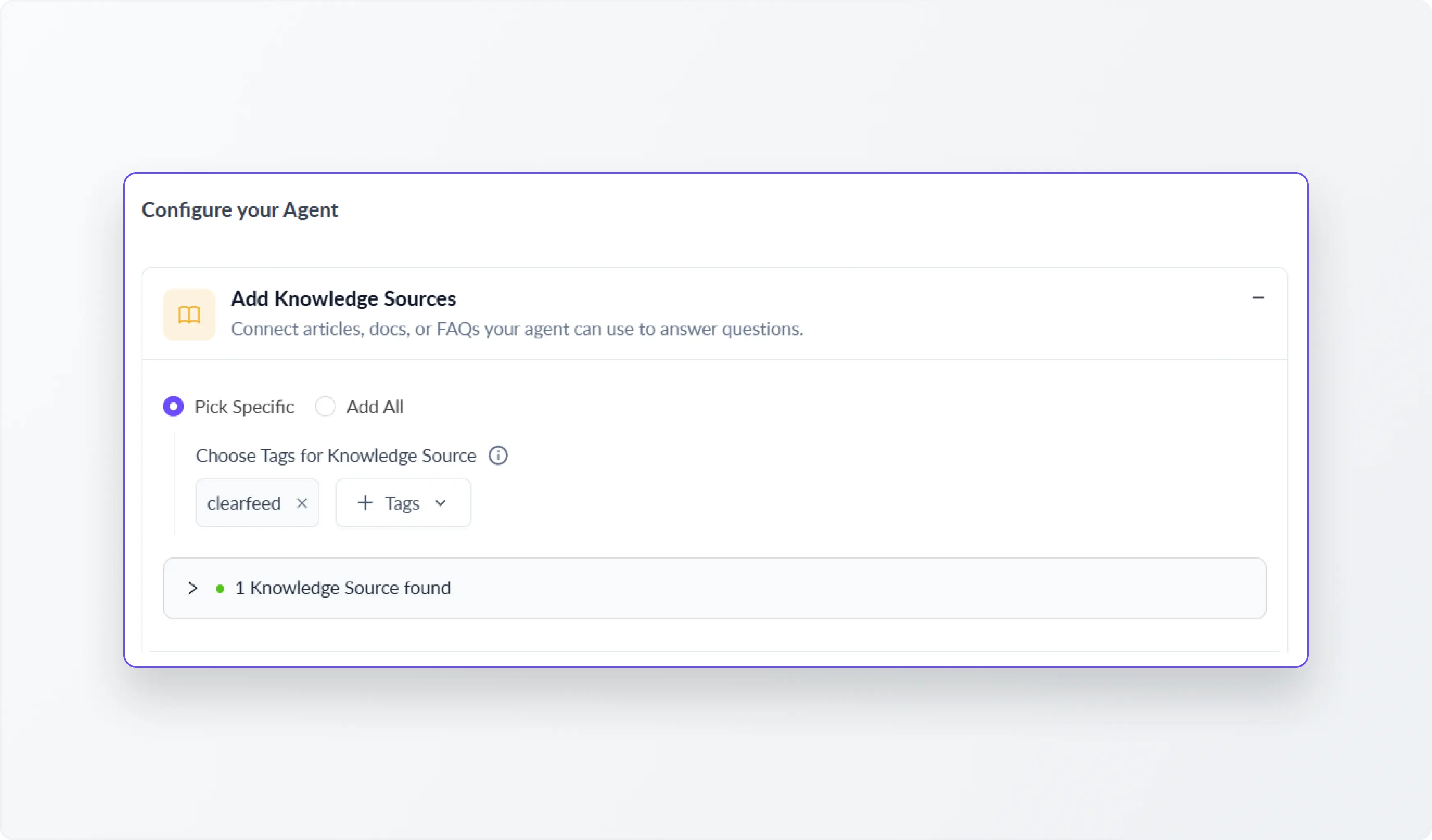 Interface showing options to add knowledge sources, with “Pick Specific” (using tags) and “Add All” buttons.
