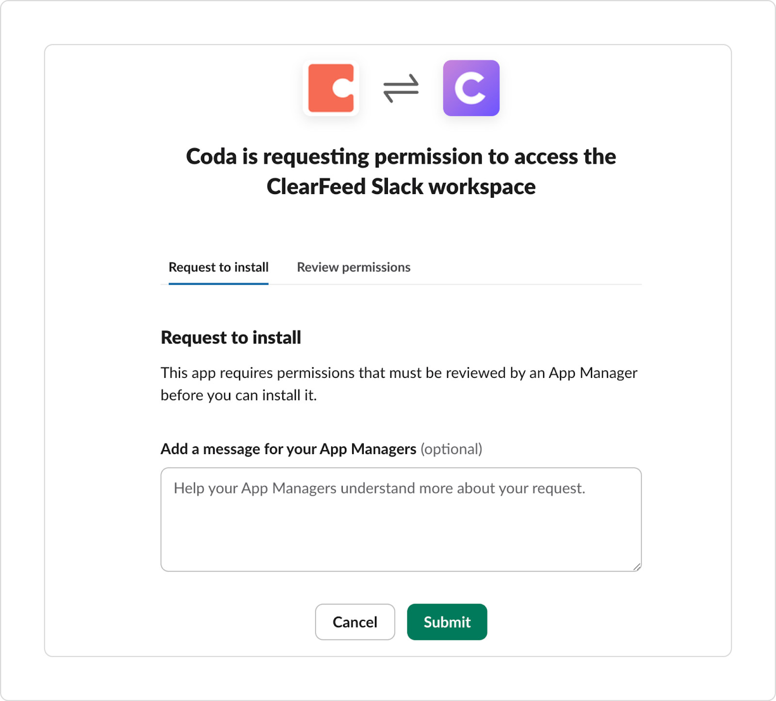 Select Connect and authorize the Coda Bot to access your Slack account