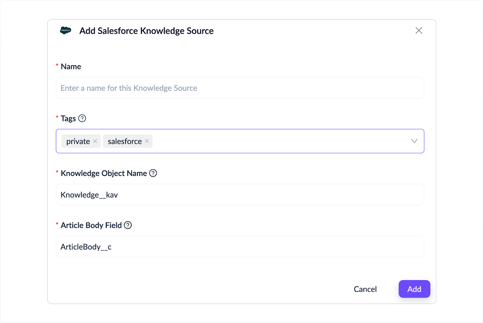 Drawer interface showing fields to enter Name and Tags, with Salesforce selected as the default source and categories ready for indexing.