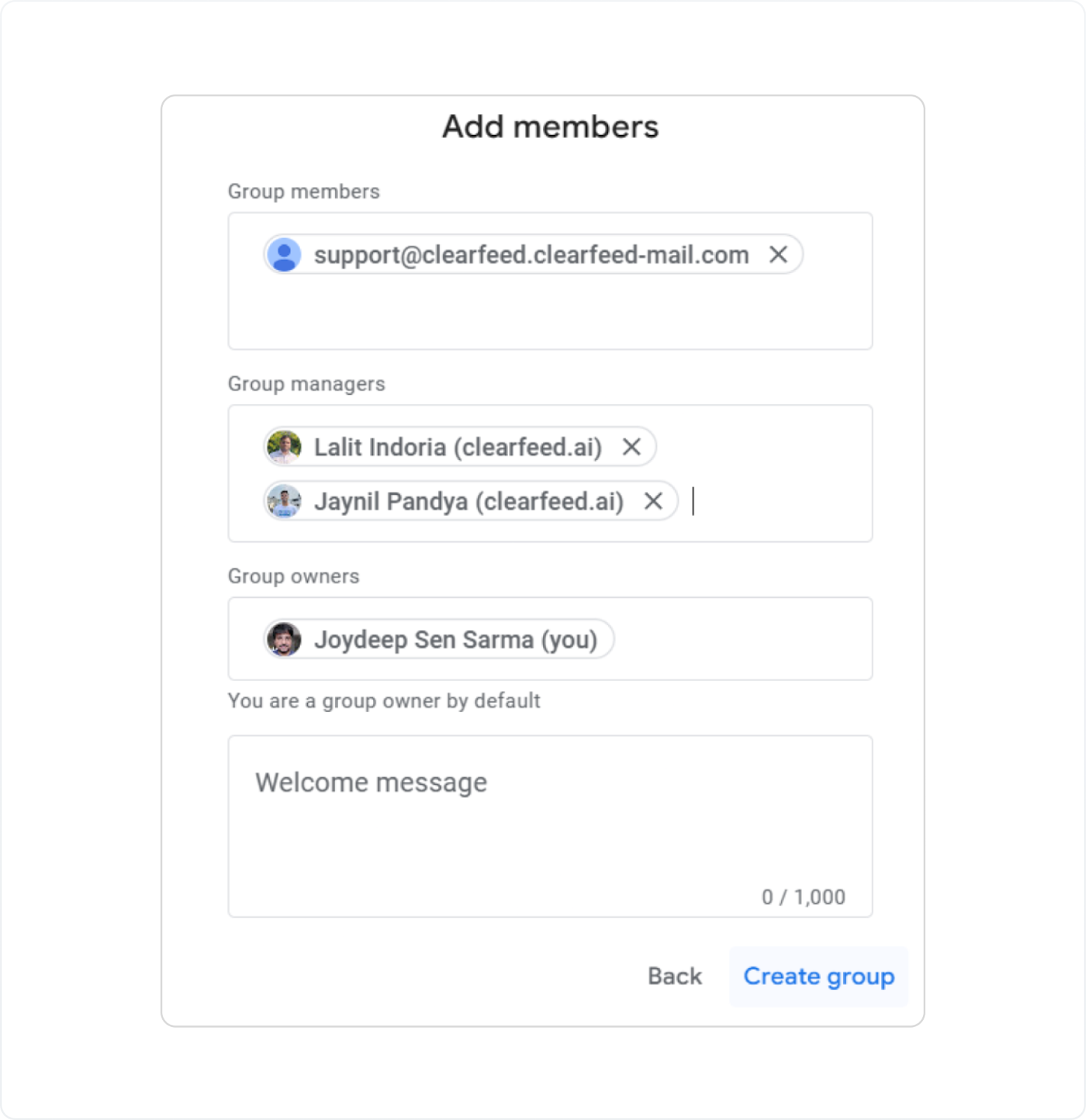 Instruction showing how to set up a Google Group email (e.g., sales-team@clearfeed.ai ) and add the ClearFeed-provided support email and team members as group members.